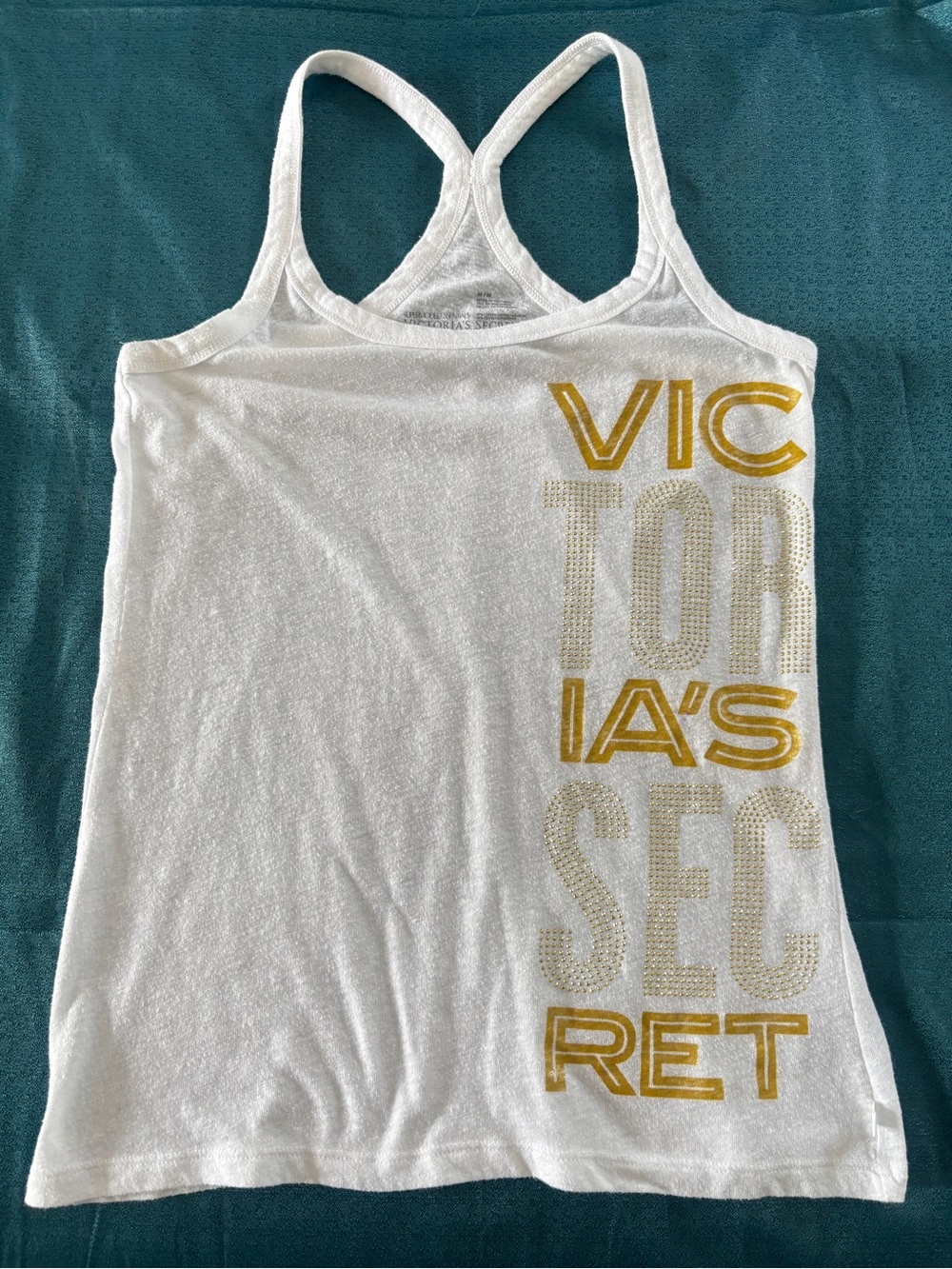 Victoria's Secret White Racerback Tank with Gold Vertical Logo
